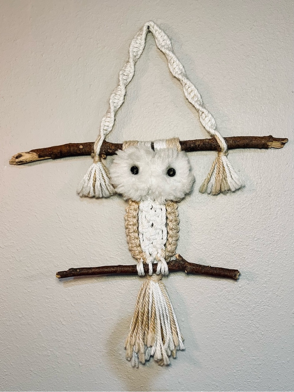Handcrafted Cream and White Macrame Owl Wall Decor